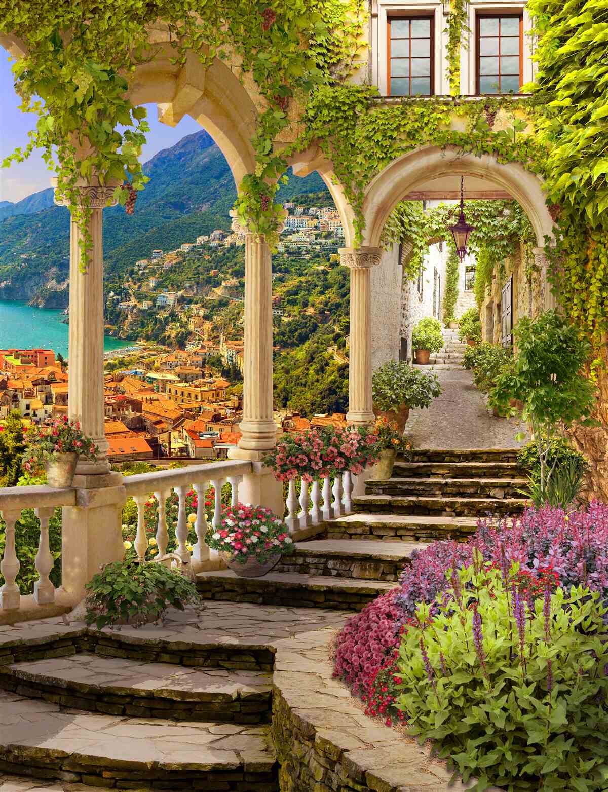 Fototapeten Terrasse am Meer, umgeben von Blumen