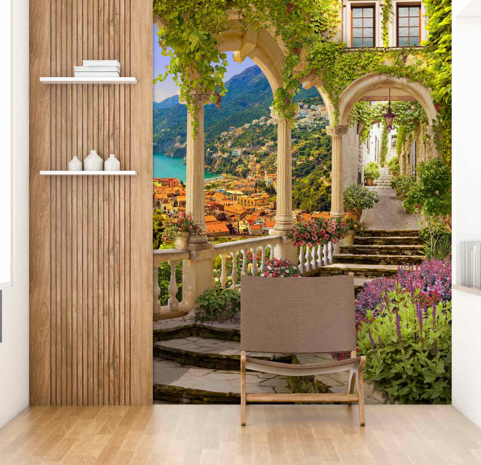 Fototapeten Terrasse am Meer, umgeben von Blumen