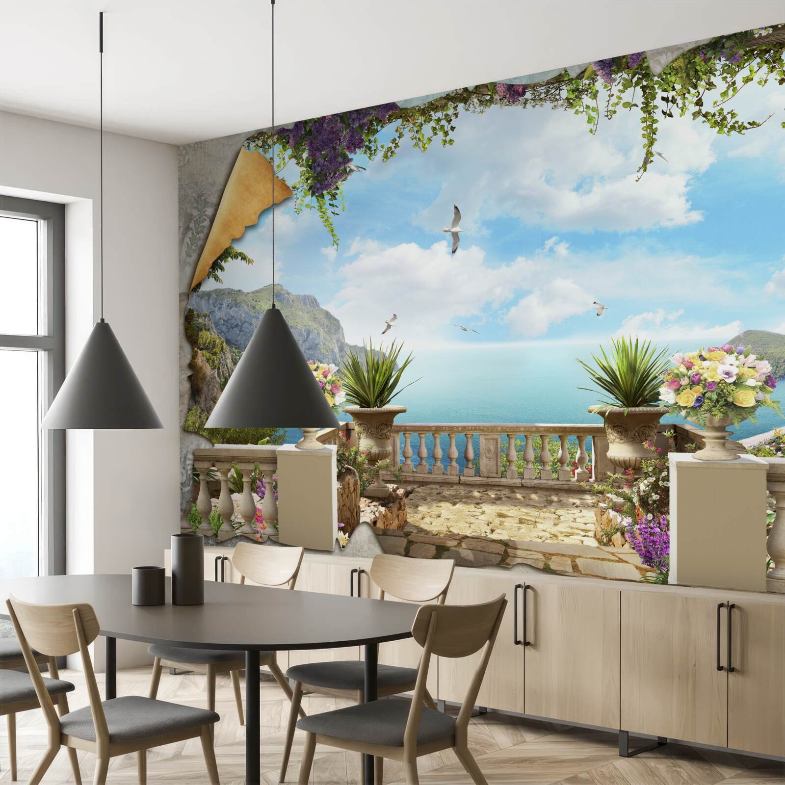 Fototapeten Ein Panoramablick auf das Meer vom Balkon