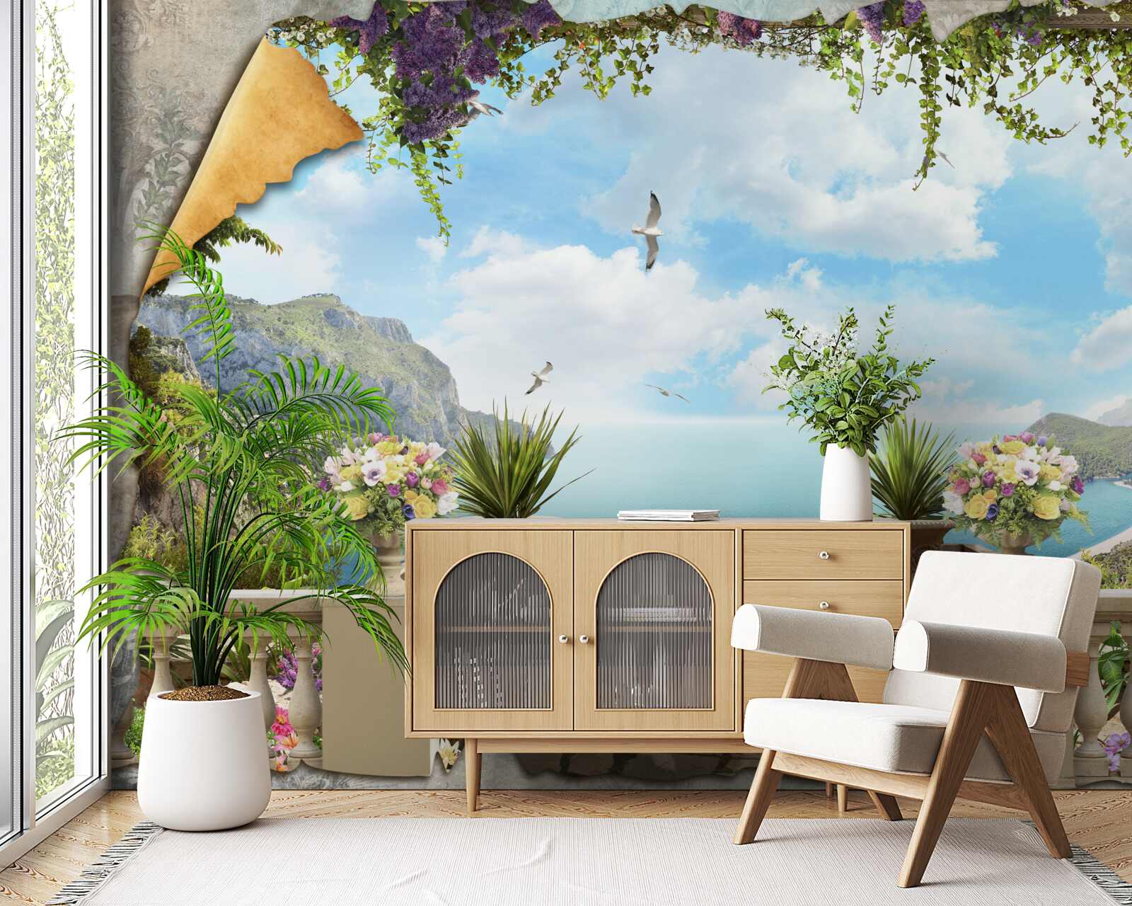 Fototapeten Ein Panoramablick auf das Meer vom Balkon