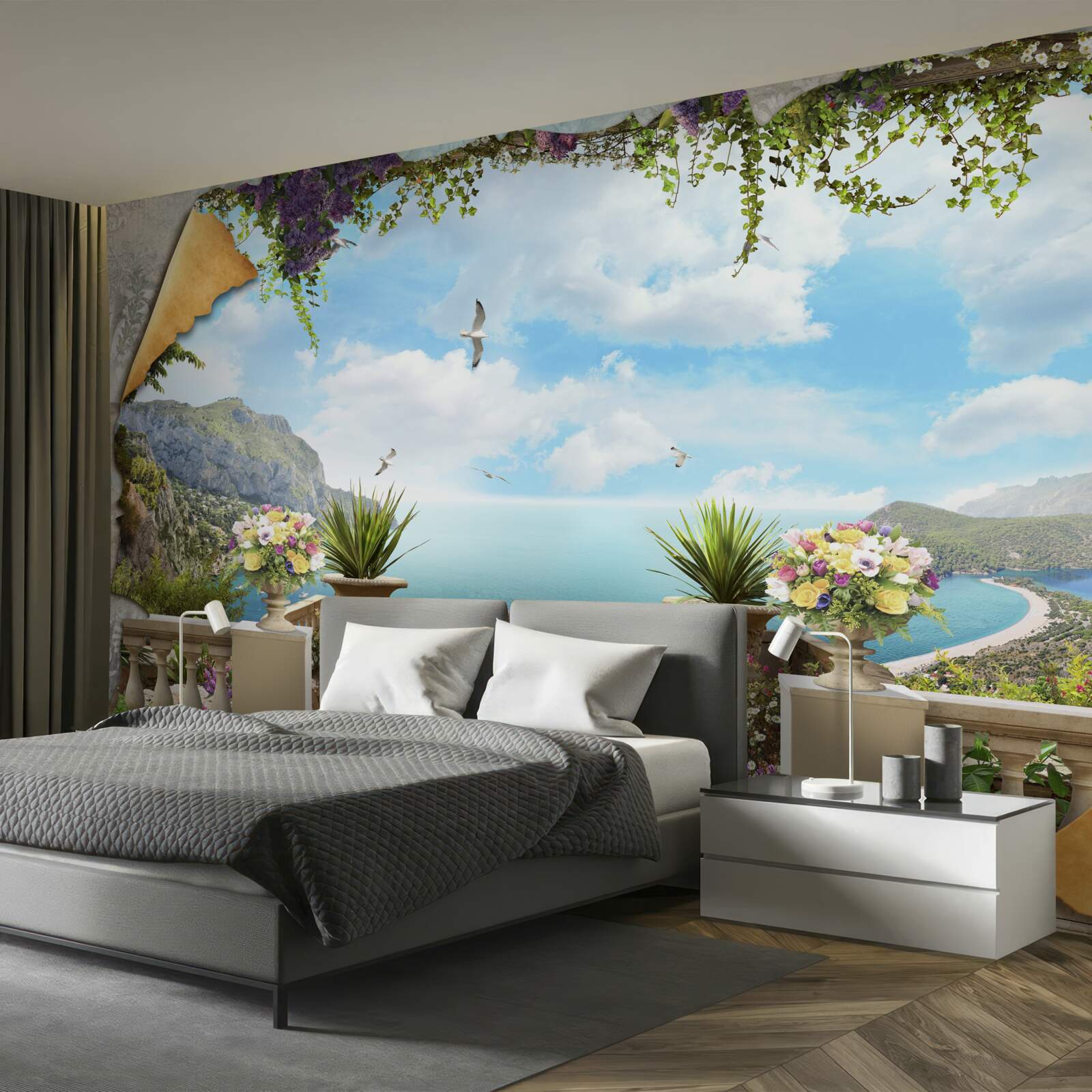 Fototapeten Ein Panoramablick auf das Meer vom Balkon