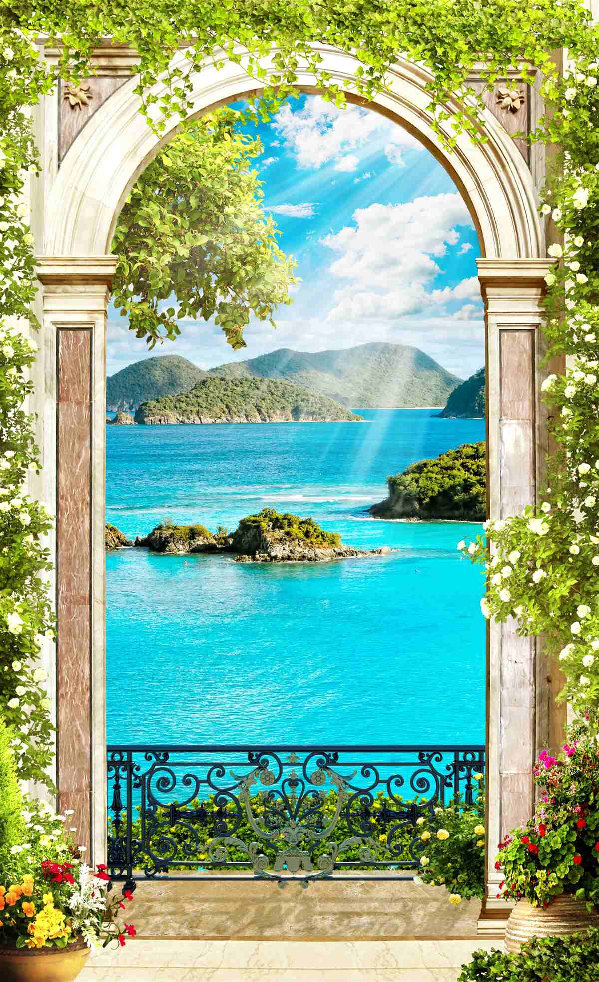 Fototapeten Grüner Bogen mit einer erstaunlichen Aussicht nach Meer
