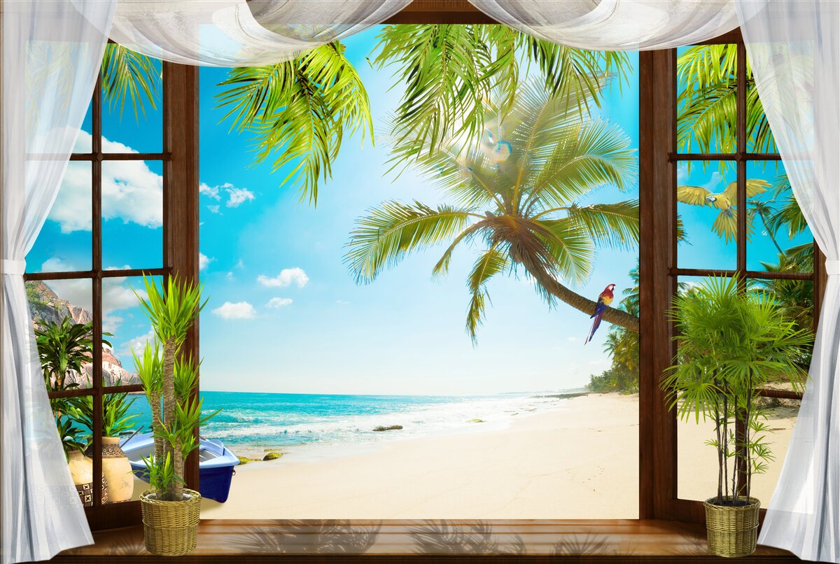 Fototapeten Aus dem Haus an einem Sandstrand gehen