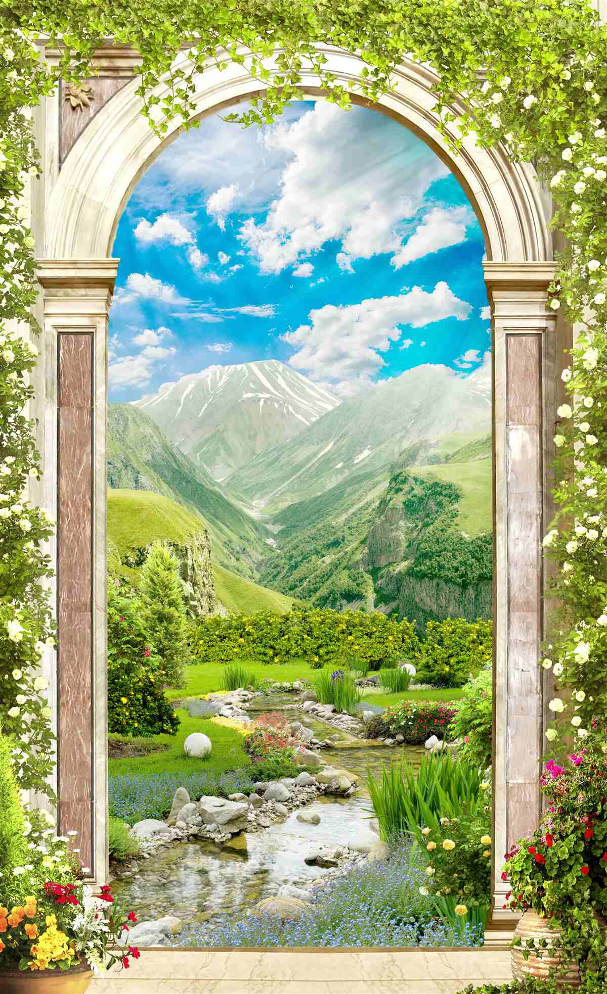 Fototapeten Wagen mit Blick auf den Fluss und die Berge