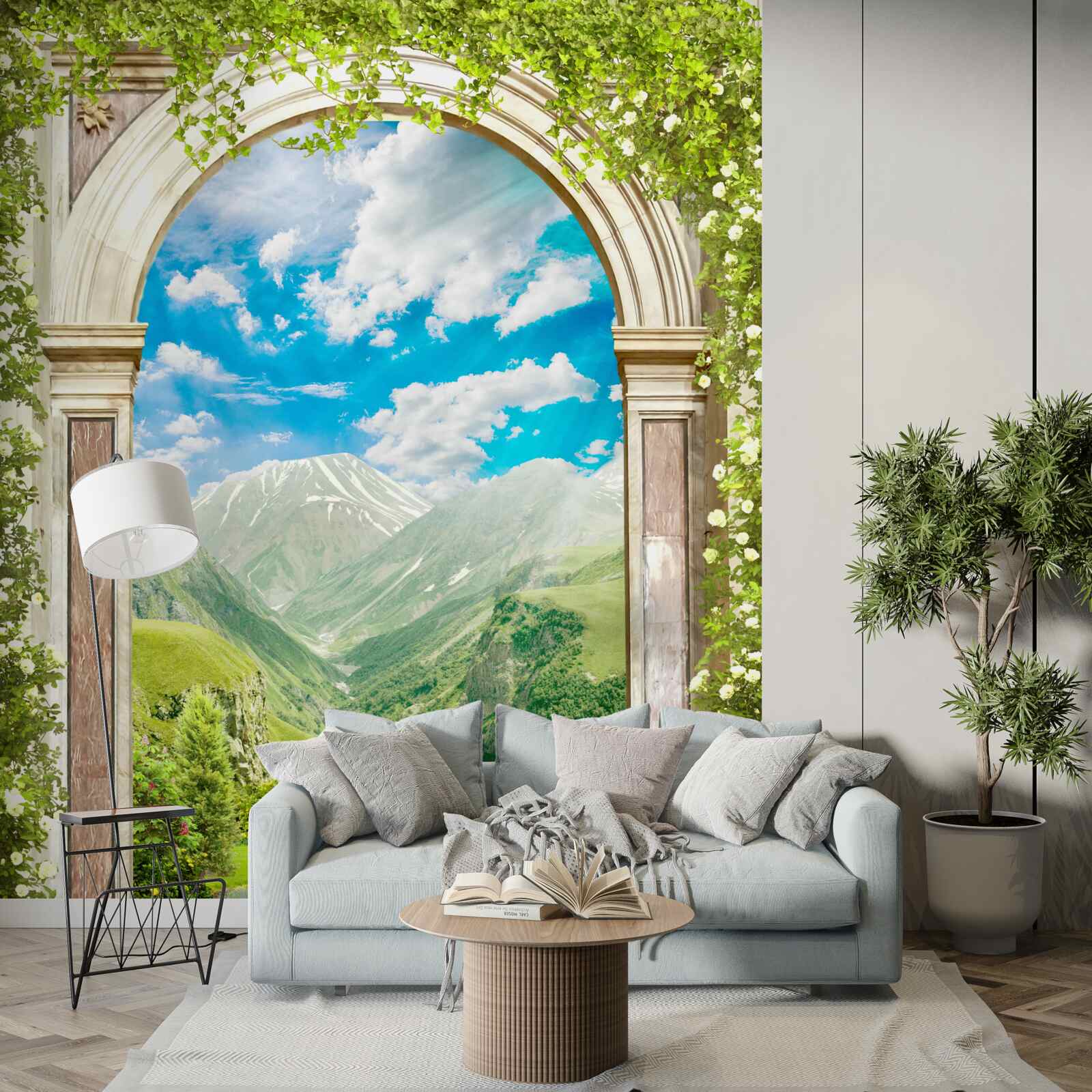 Fototapeten Wagen mit Blick auf den Fluss und die Berge