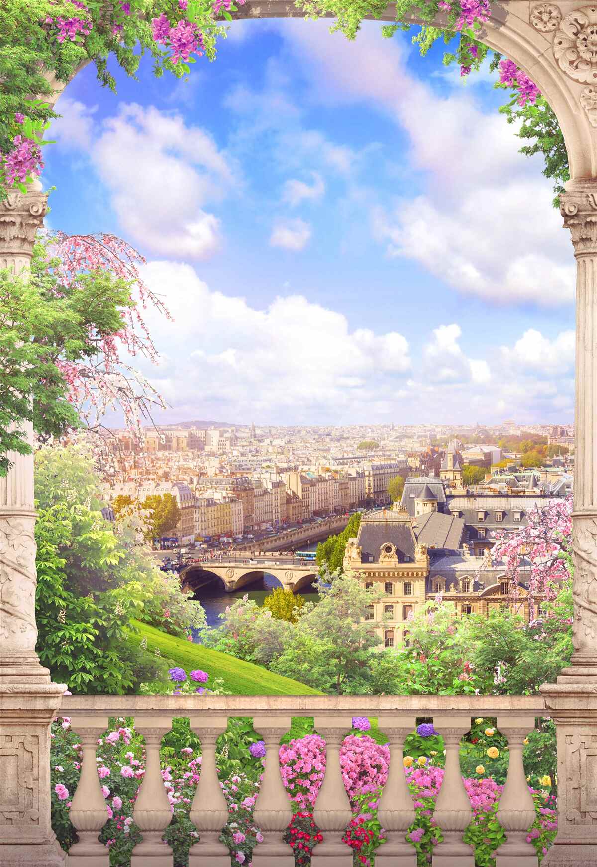 Fototapeten Panorama der Stadt aus dem blühenden Balkon