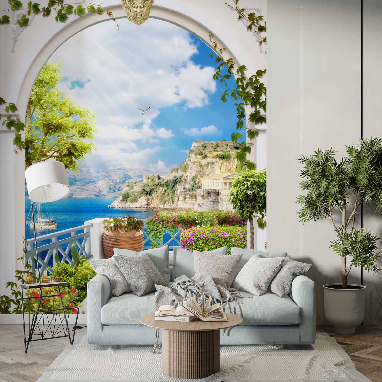 Fototapeten Fenster mit Blick auf die Berge und das Meer