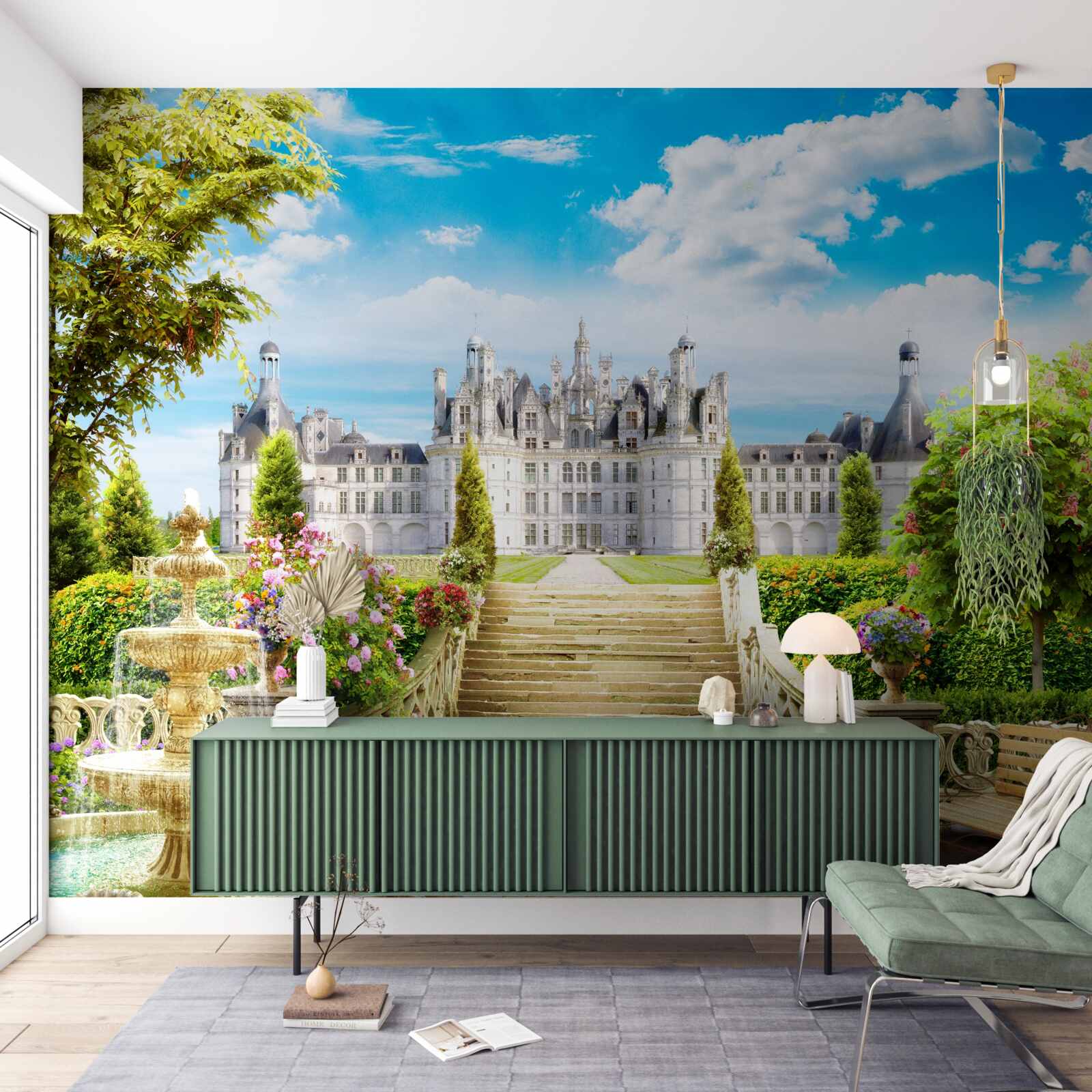 Fototapeten Treppen, die zum Rasen in der Nähe des Palastes führen