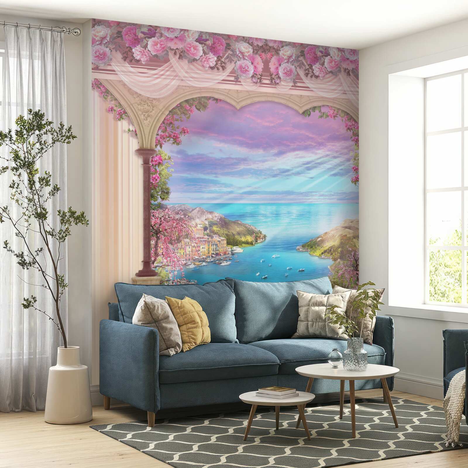 Fototapeten Ein Bogen mit rosa Blumen dekoriert
