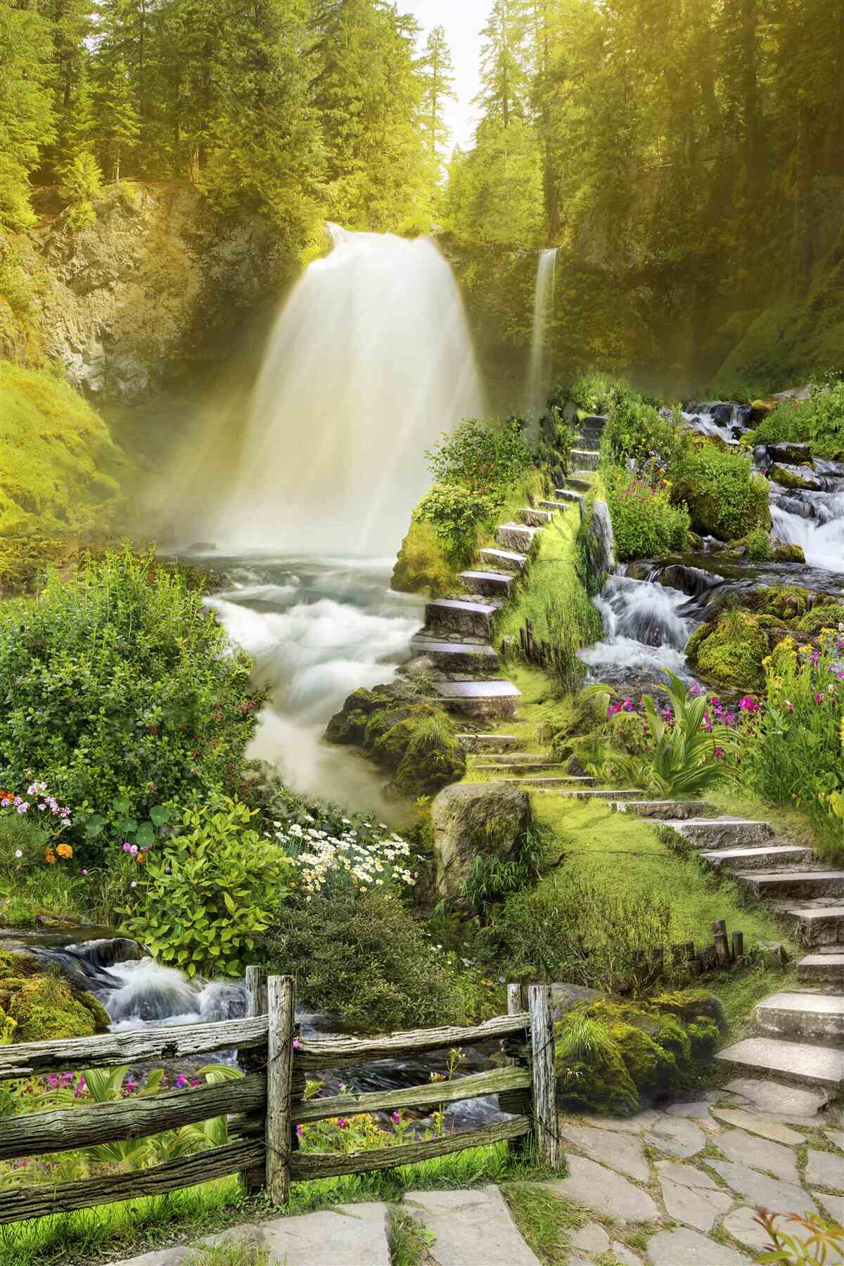 Fototapeten Ein Weg zum Wasserfall, umgeben von Grün umgeben