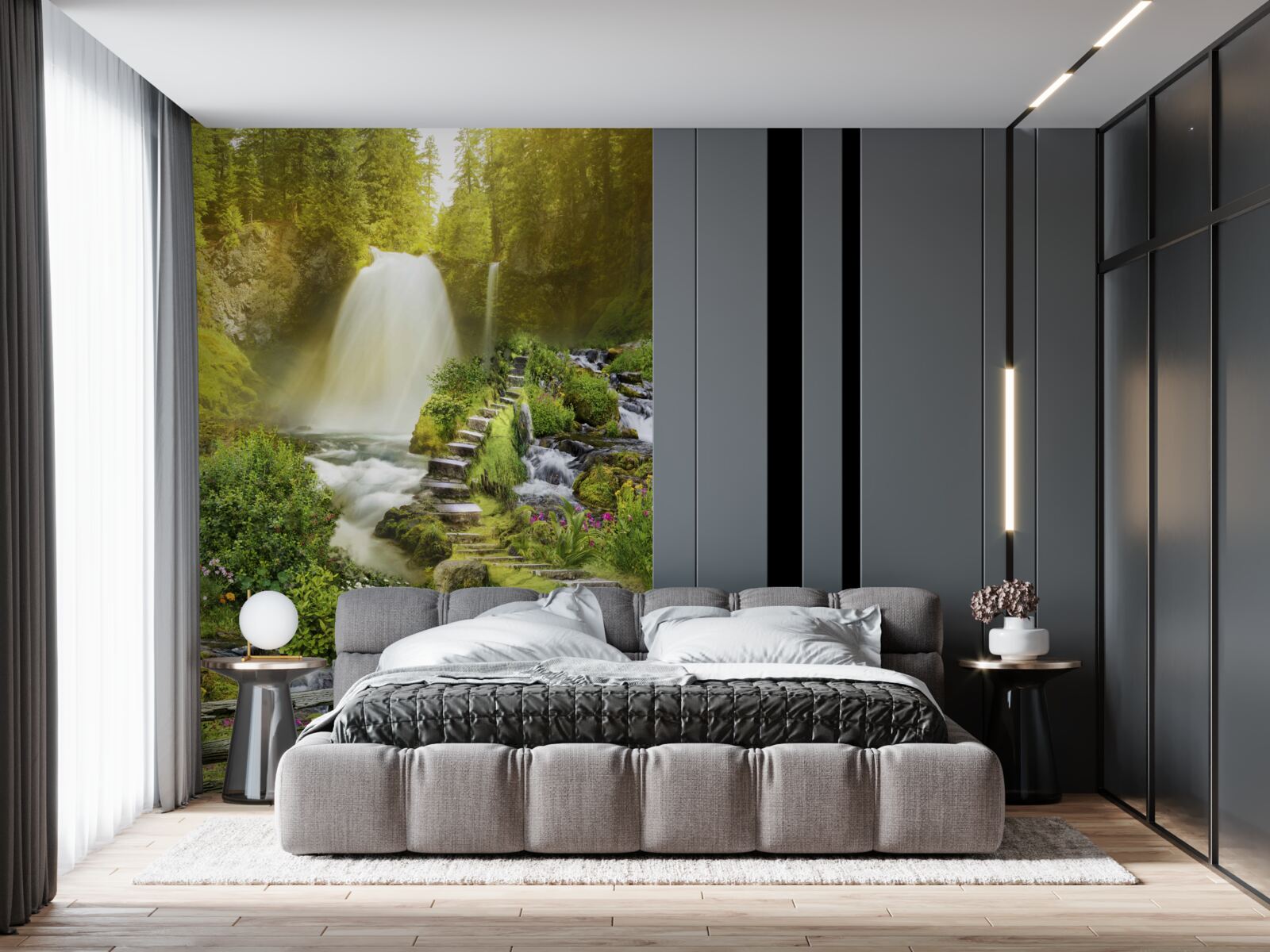 Fototapeten Ein Weg zum Wasserfall, umgeben von Grün umgeben