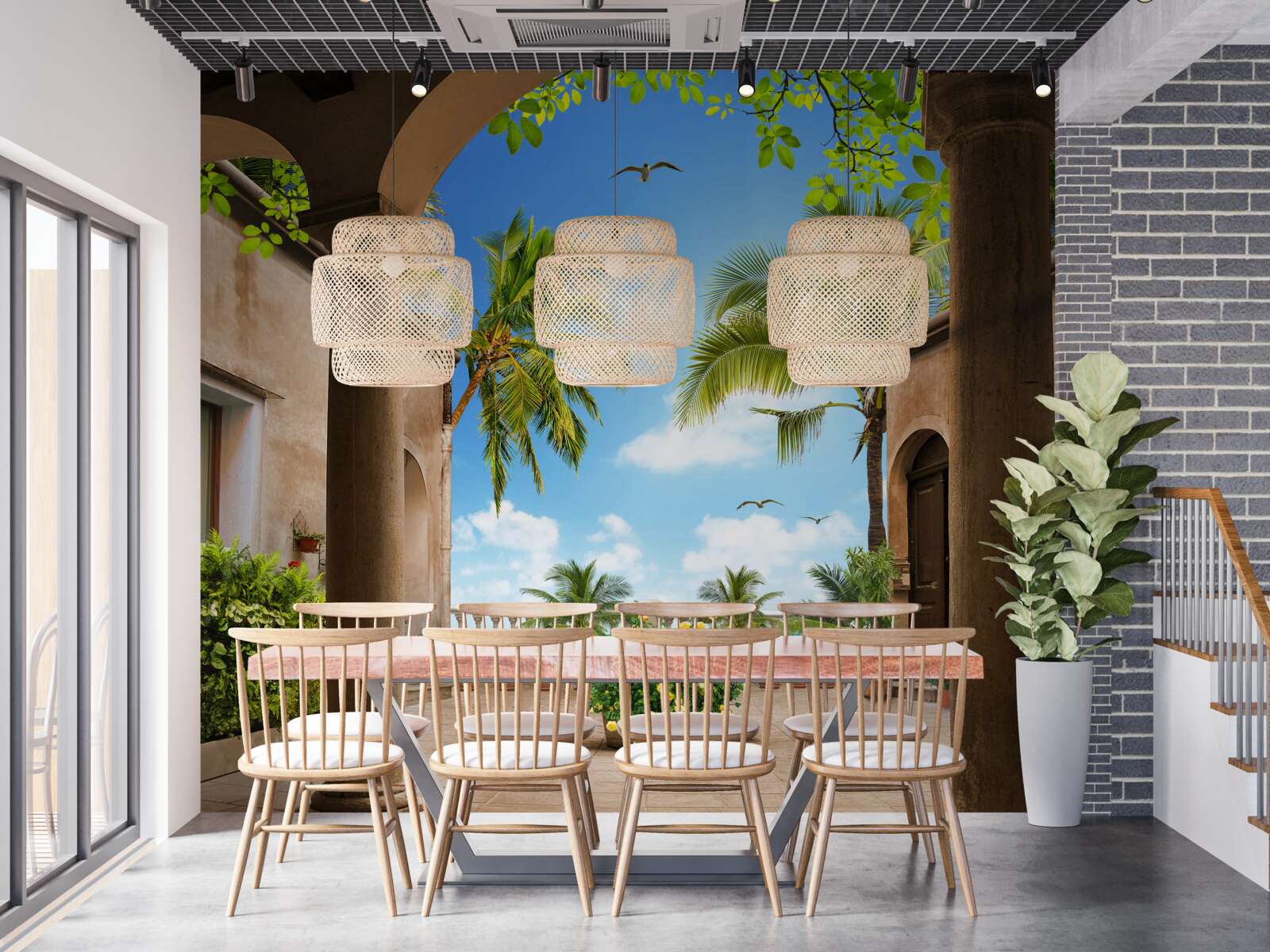 Fototapeten Terrasse mit grünen Pflanzen dekoriert