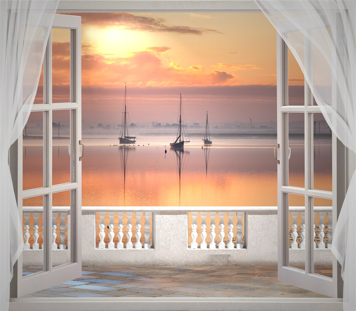 Fototapeten West Sunset Landschaft aus einem schneebedeckten Balkon