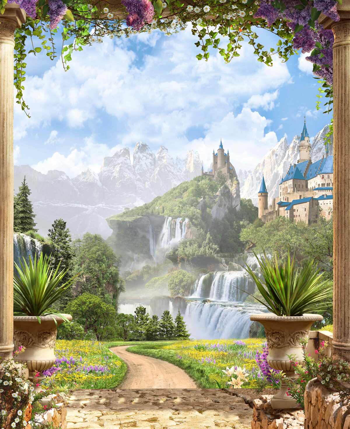 Fototapeten Plattform mit Blick auf das Schloss und den Wasserfall