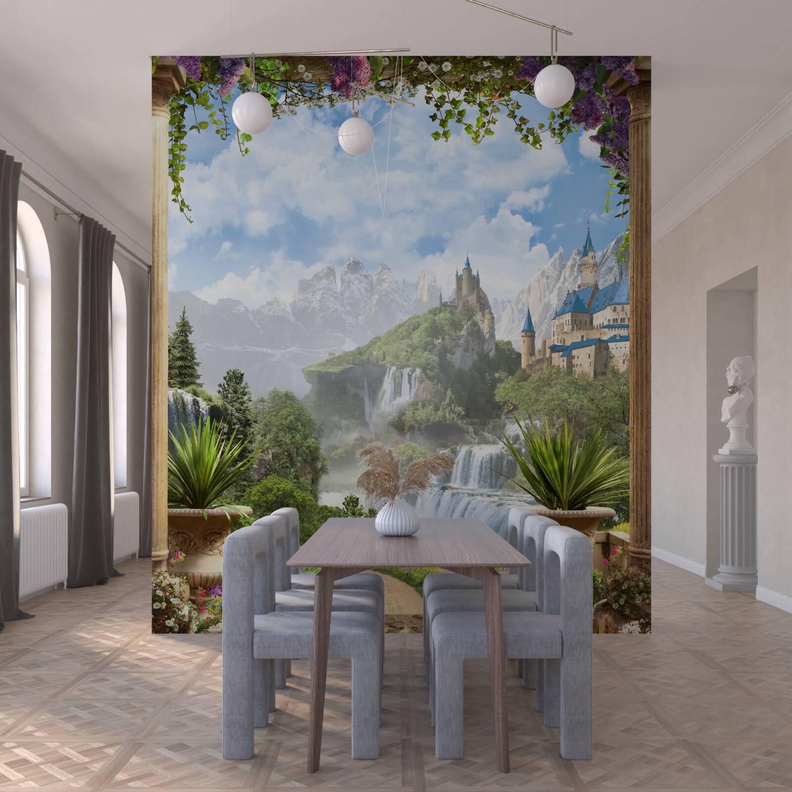 Fototapeten Plattform mit Blick auf das Schloss und den Wasserfall