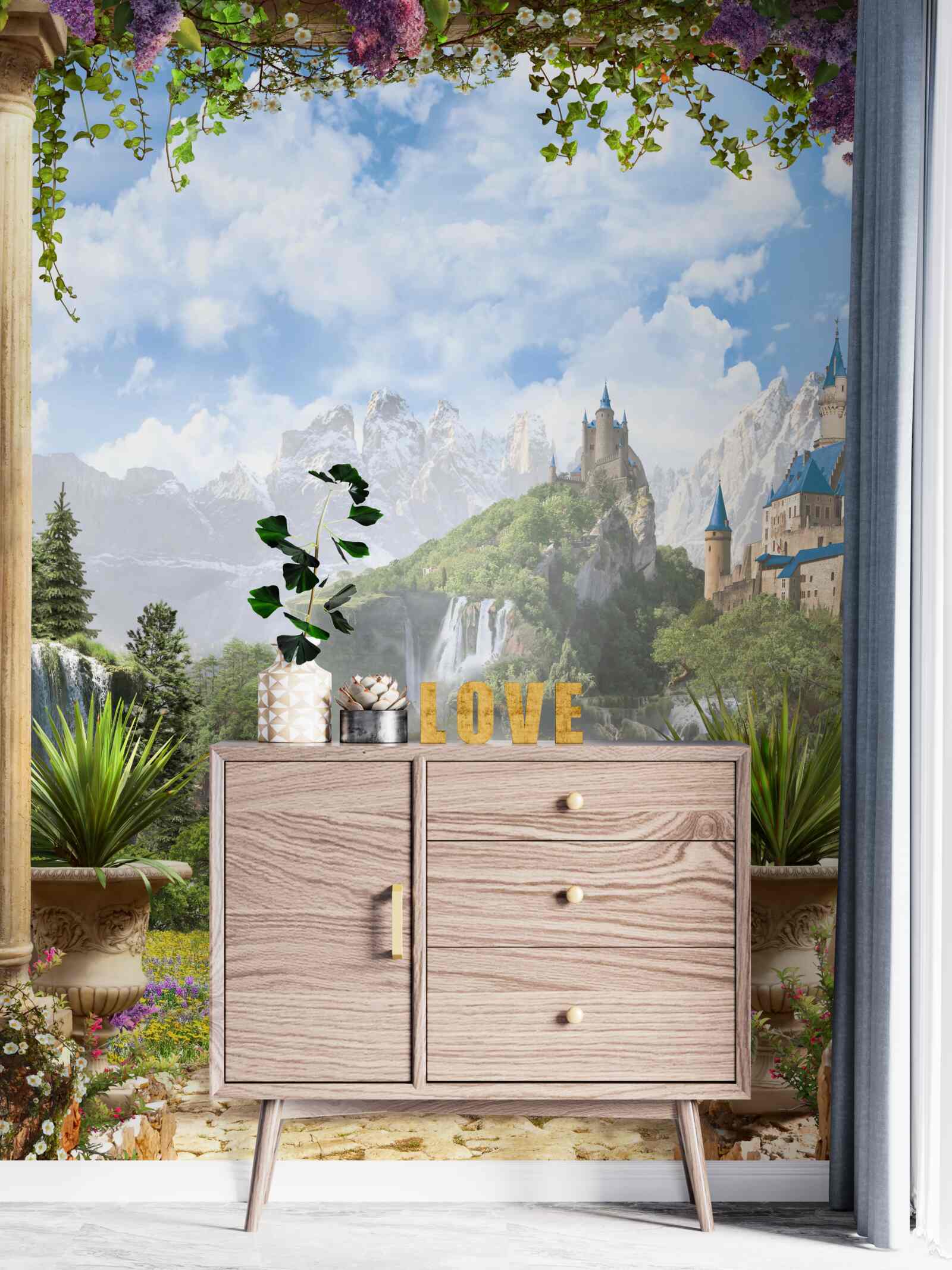Fototapeten Plattform mit Blick auf das Schloss und den Wasserfall