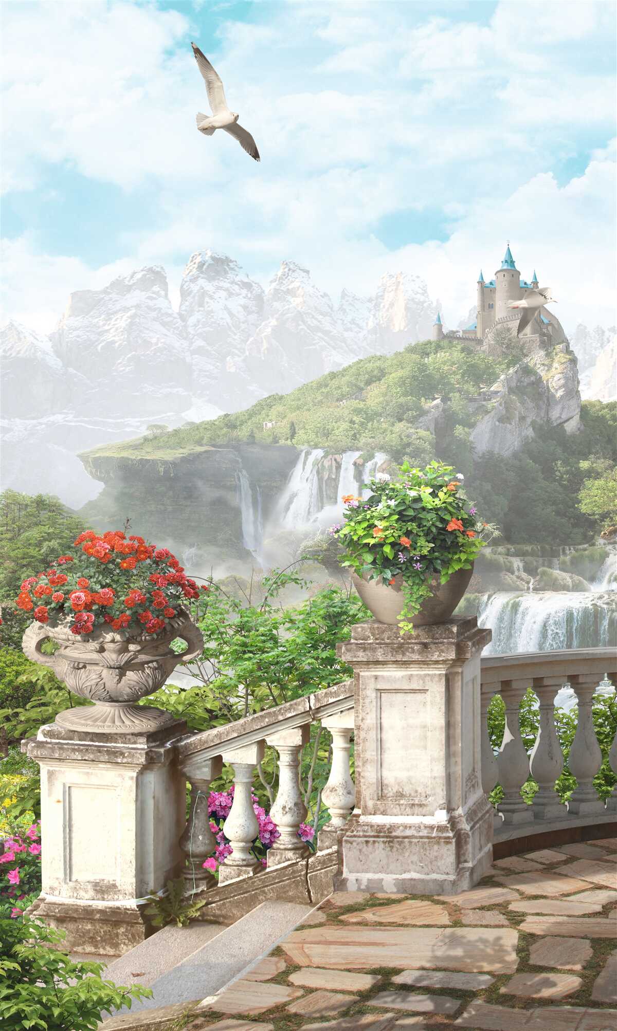 Fototapeten Balkon mit Blumen mit Blick auf Wasserfall und Reißverschluss