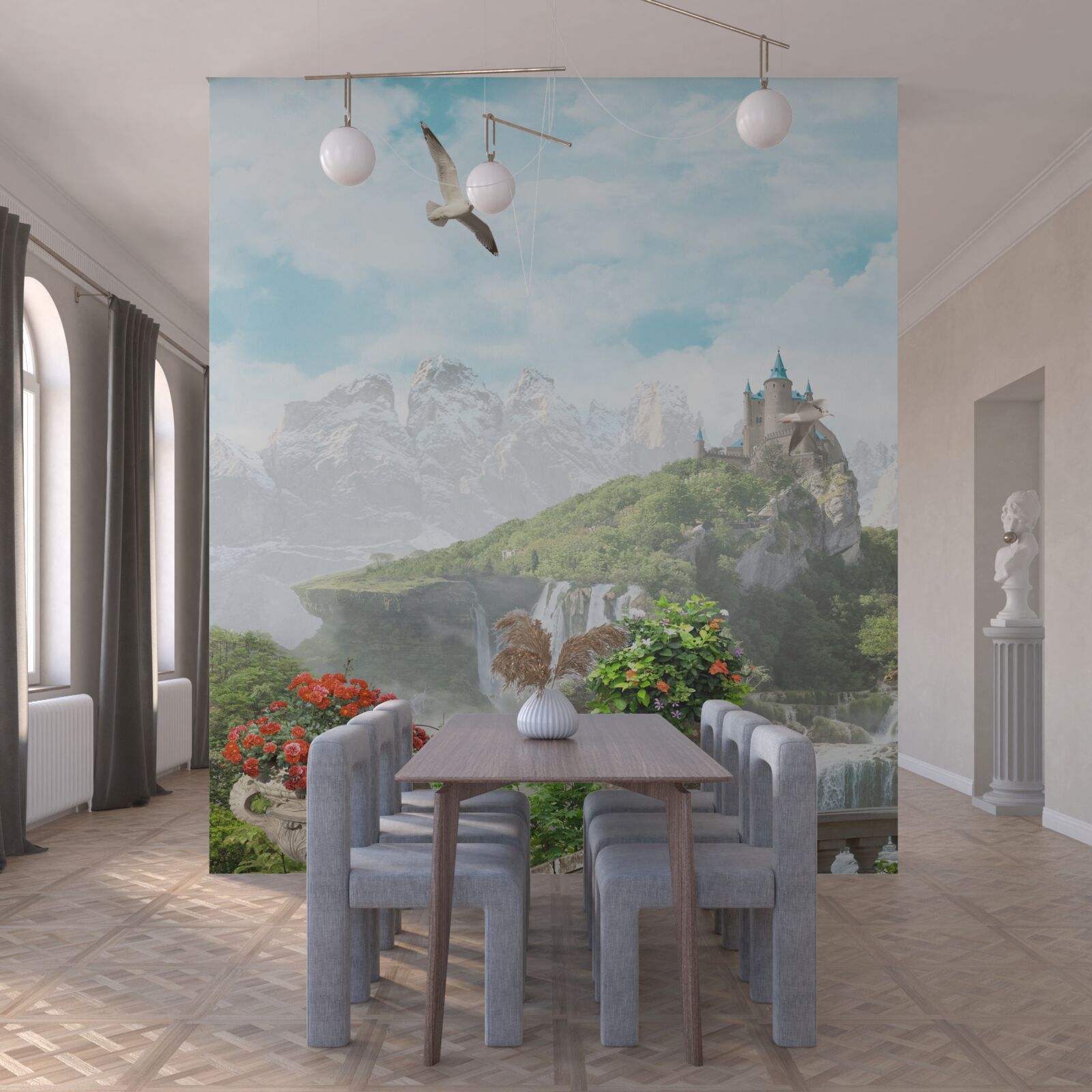 Fototapeten Balkon mit Blumen mit Blick auf Wasserfall und Reißverschluss