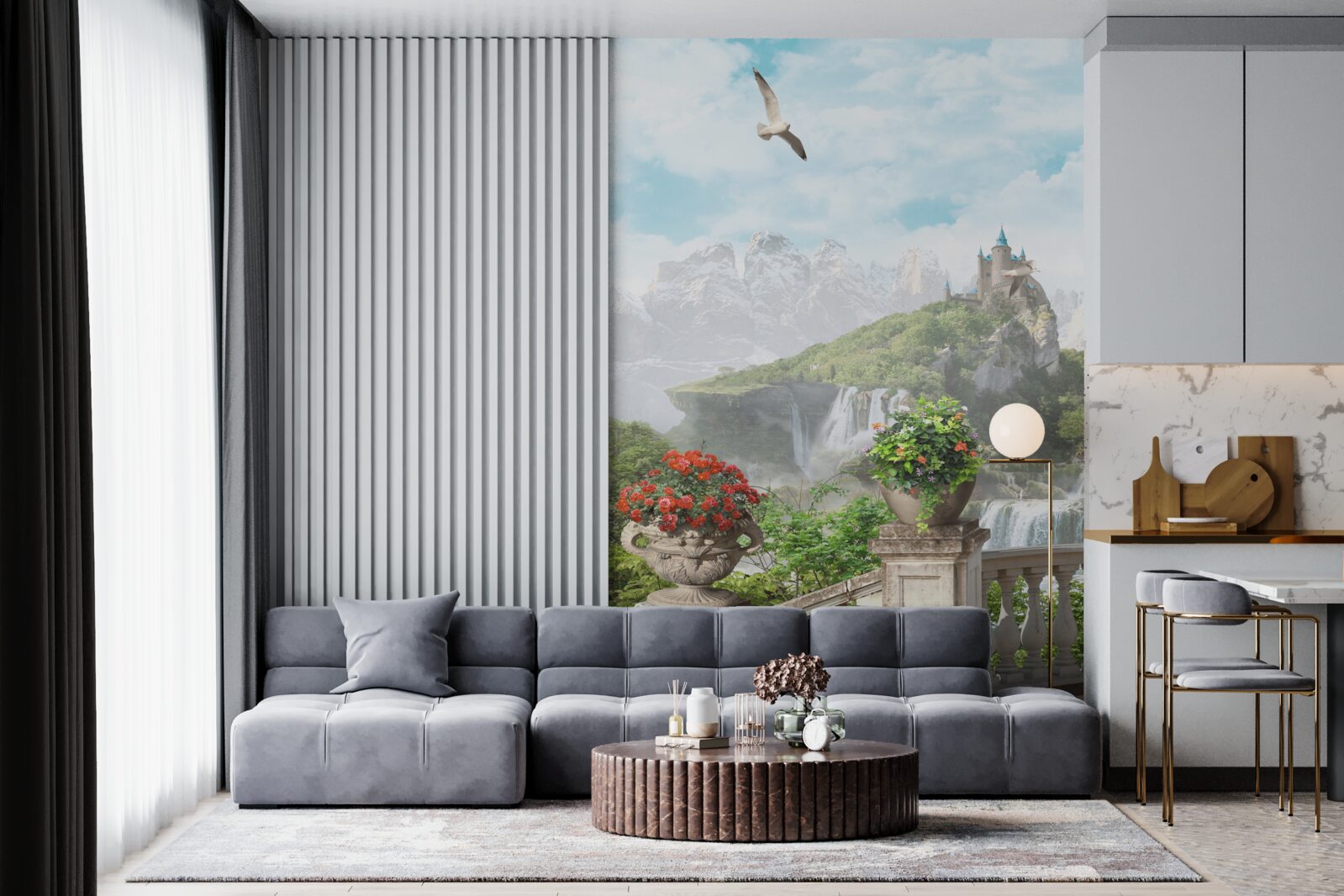Fototapeten Balkon mit Blumen mit Blick auf Wasserfall und Reißverschluss