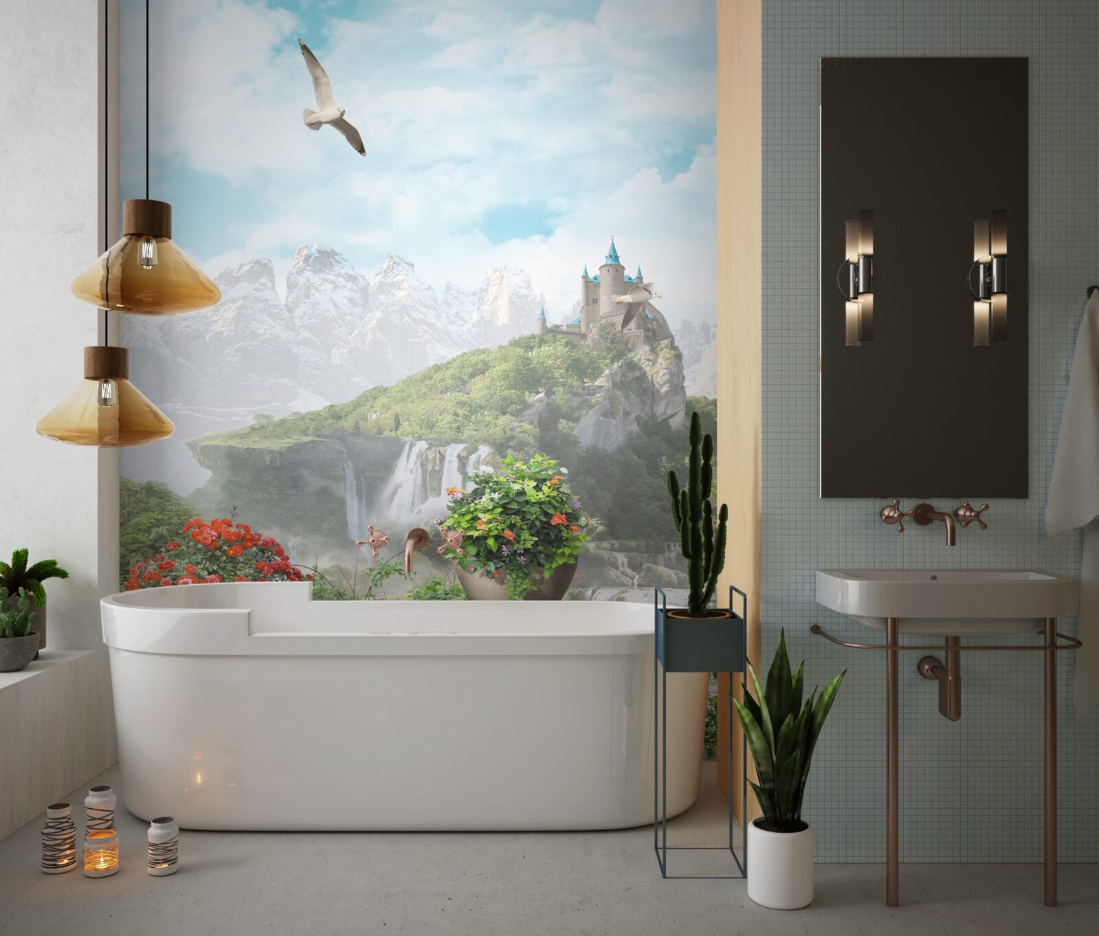 Fototapeten Balkon mit Blumen mit Blick auf Wasserfall und Reißverschluss