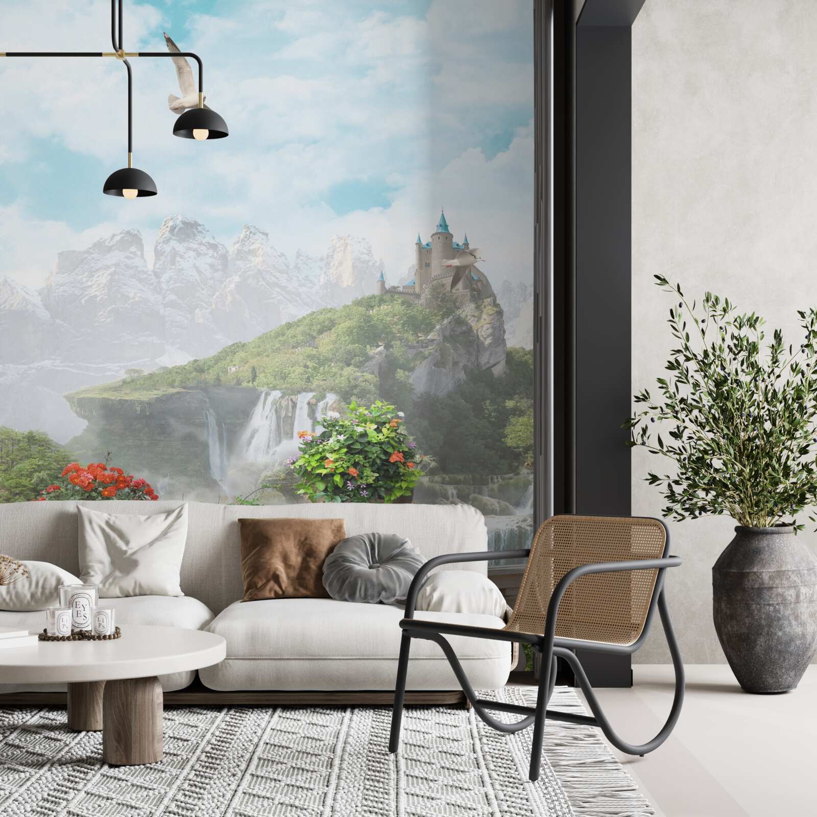 Fototapeten Balkon mit Blumen mit Blick auf Wasserfall und Reißverschluss