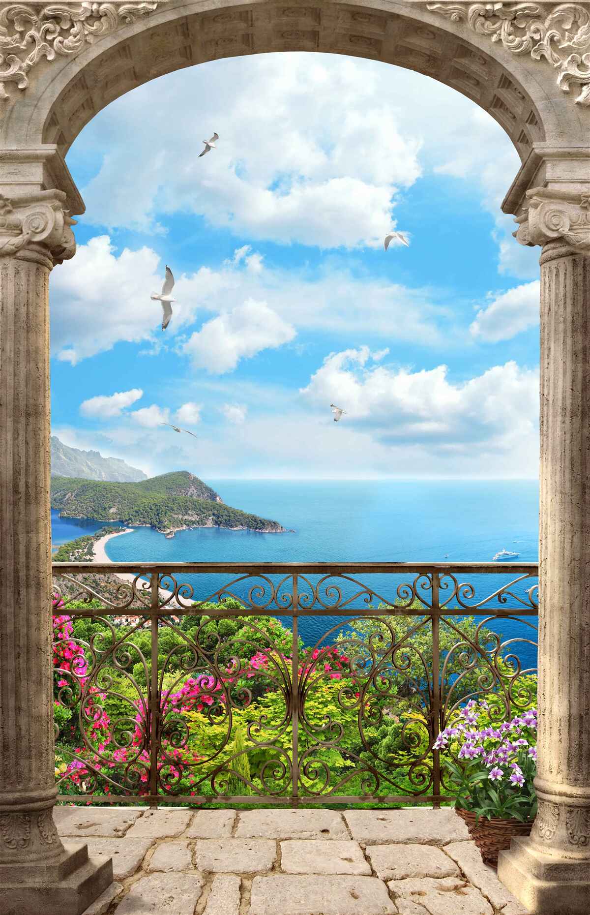 Fototapeten gewölbter Balkon mit Blick auf den Ozean