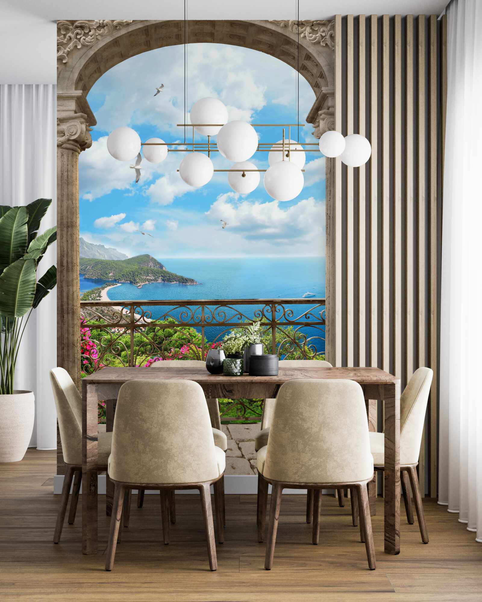 Fototapeten gewölbter Balkon mit Blick auf den Ozean