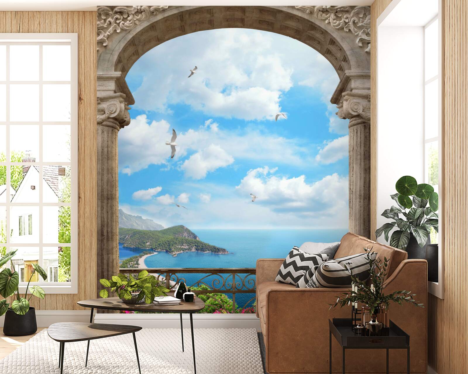 Fototapeten gewölbter Balkon mit Blick auf den Ozean