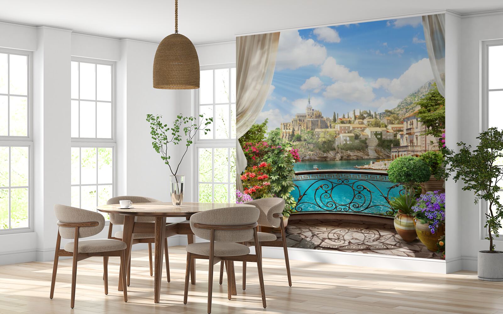 Fototapeten Ein Panoramablick auf die Stadt vom Balkon