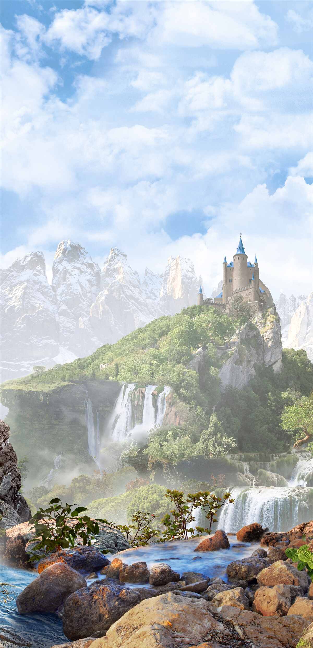 Fototapeten Wasserfälle und Schloss in der Ferne sichtbar