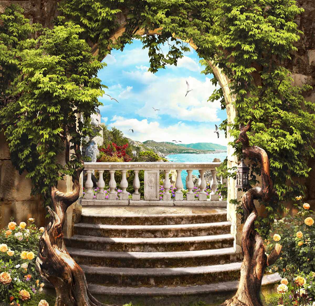 Fototapeten Treppe zum Balkon führt
