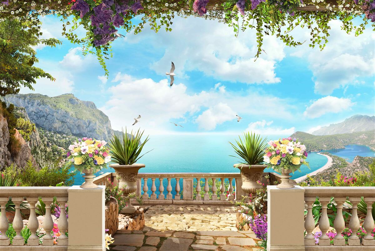 Fototapeten Ein Panoramablick auf das Meer und die Grünflächen aus dem Balkon