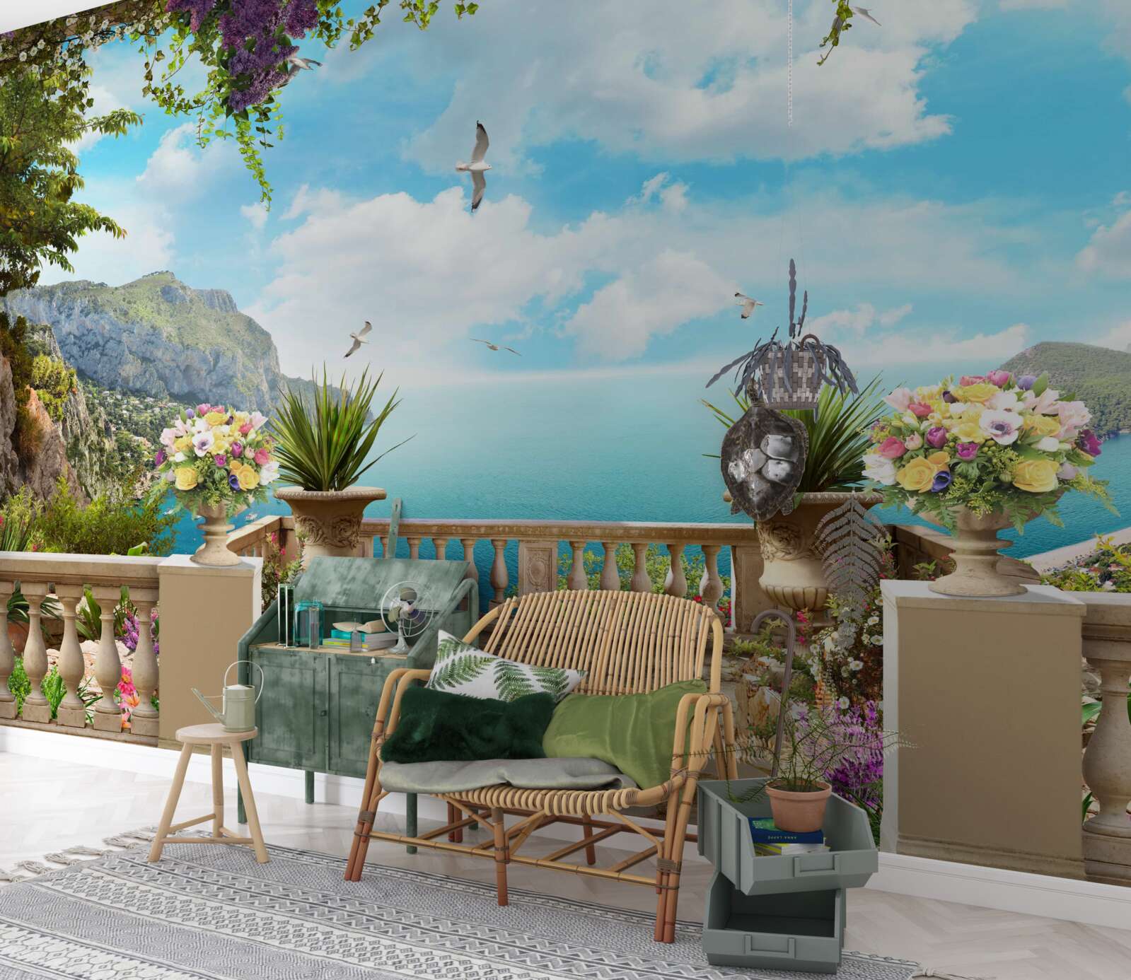 Fototapeten Ein Panoramablick auf das Meer und die Grünflächen aus dem Balkon