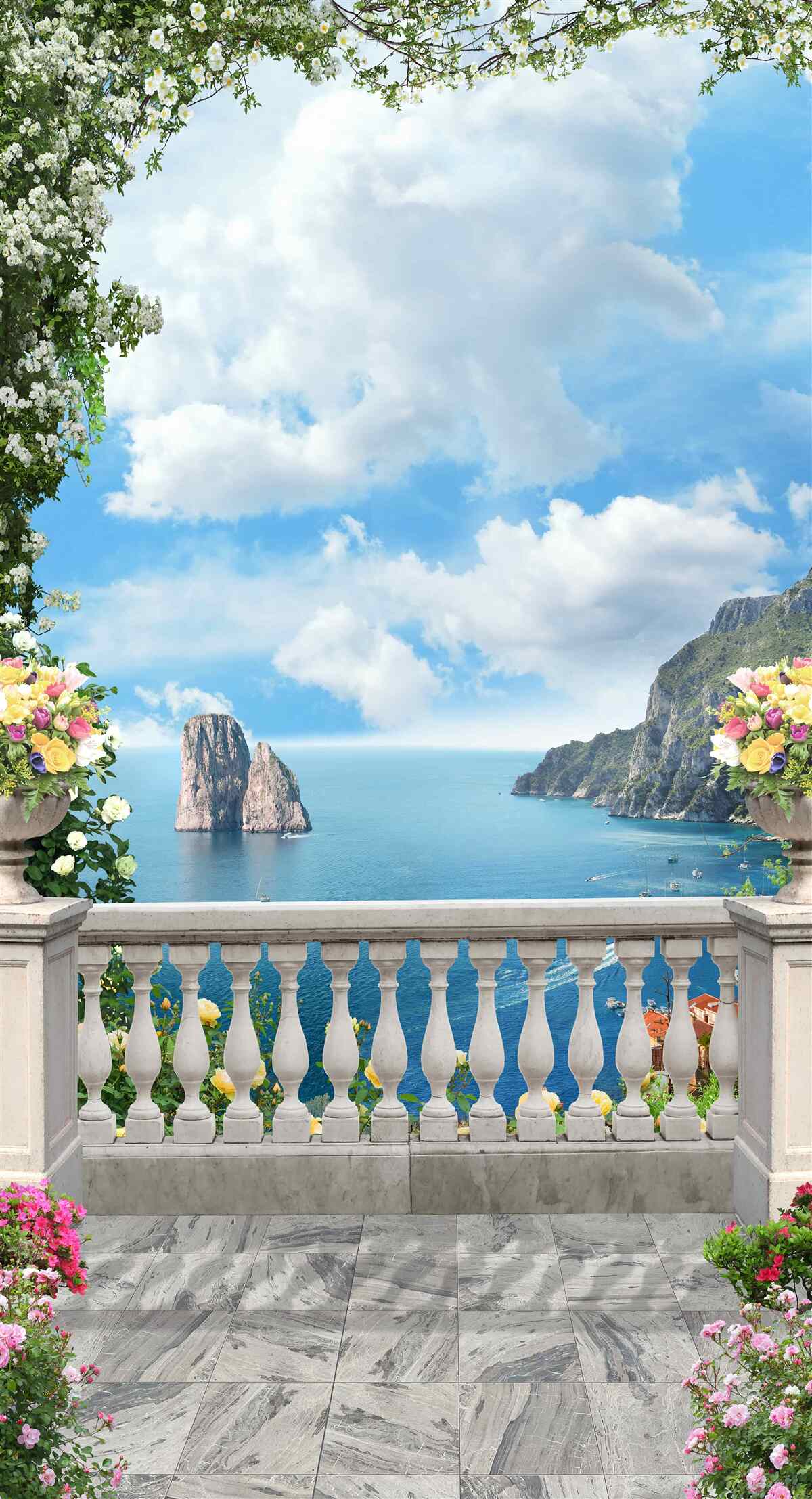 Fototapeten Ein Panoramablick auf das Meer und eine Steine ​​aus einem malerischen Balkon