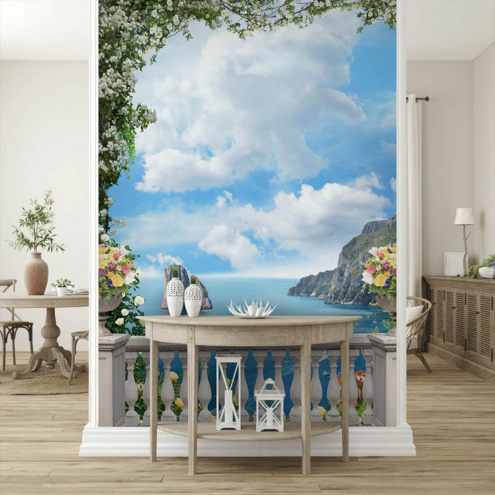 Fototapeten Ein Panoramablick auf das Meer und eine Steine ​​aus einem malerischen Balkon