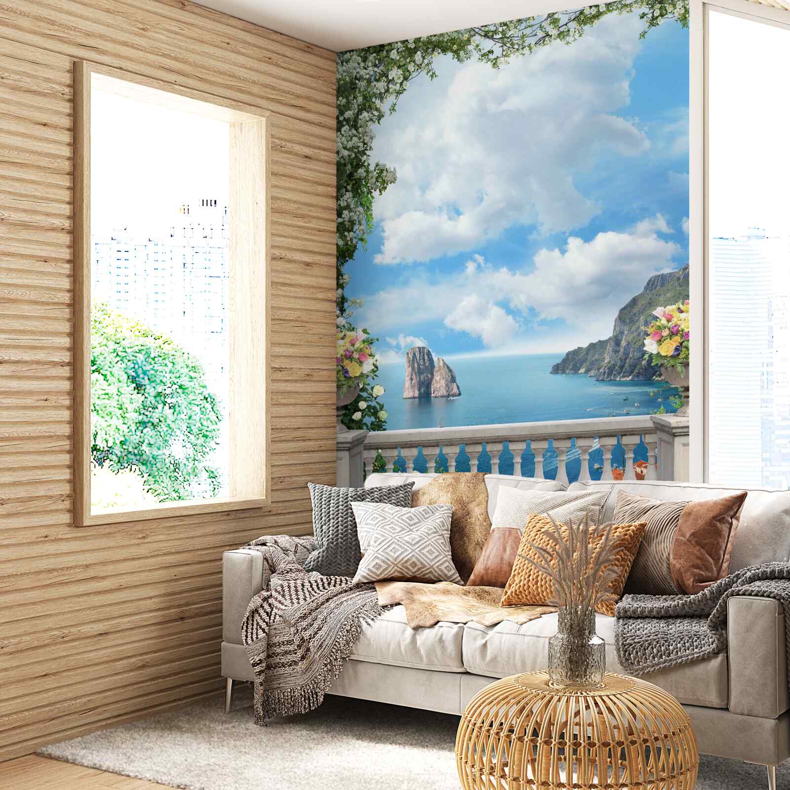 Fototapeten Ein Panoramablick auf das Meer und eine Steine ​​aus einem malerischen Balkon