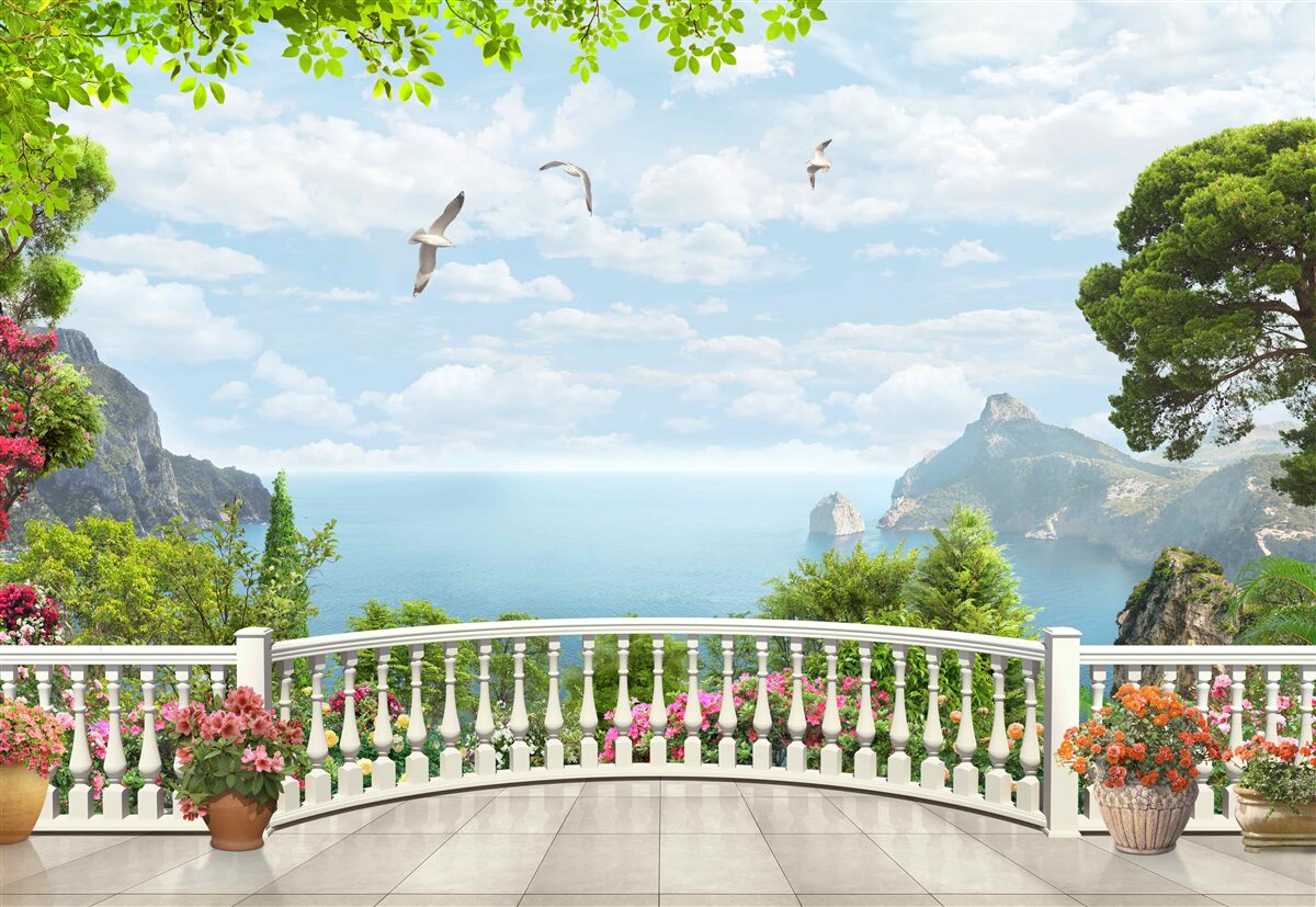Fototapeten Ein Panoramablick auf das Meer von der Terrasse