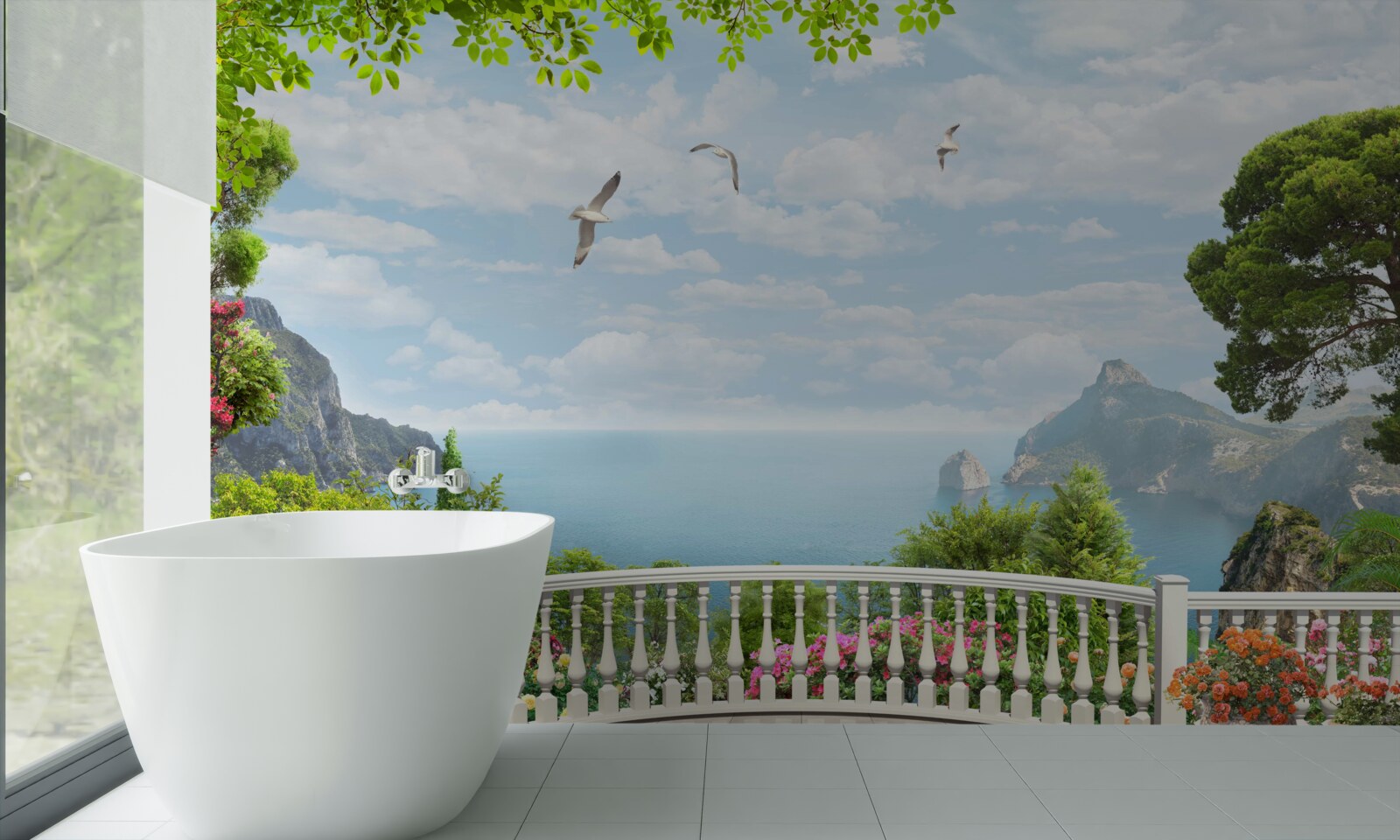 Fototapeten Ein Panoramablick auf das Meer von der Terrasse