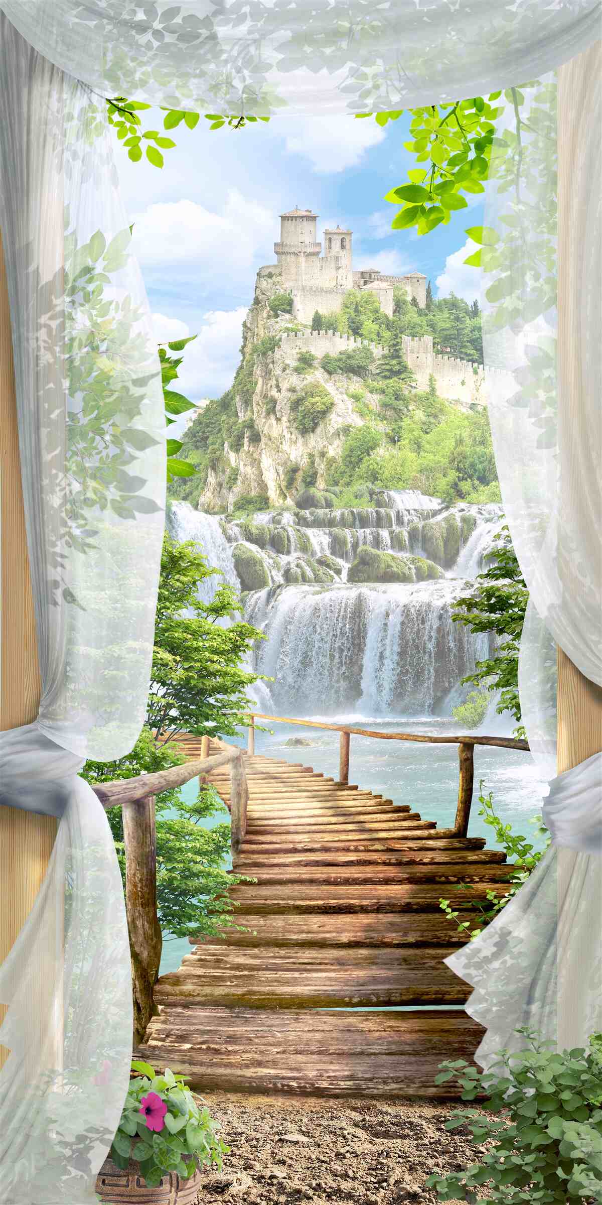 Fototapeten Wasserfall und Festung