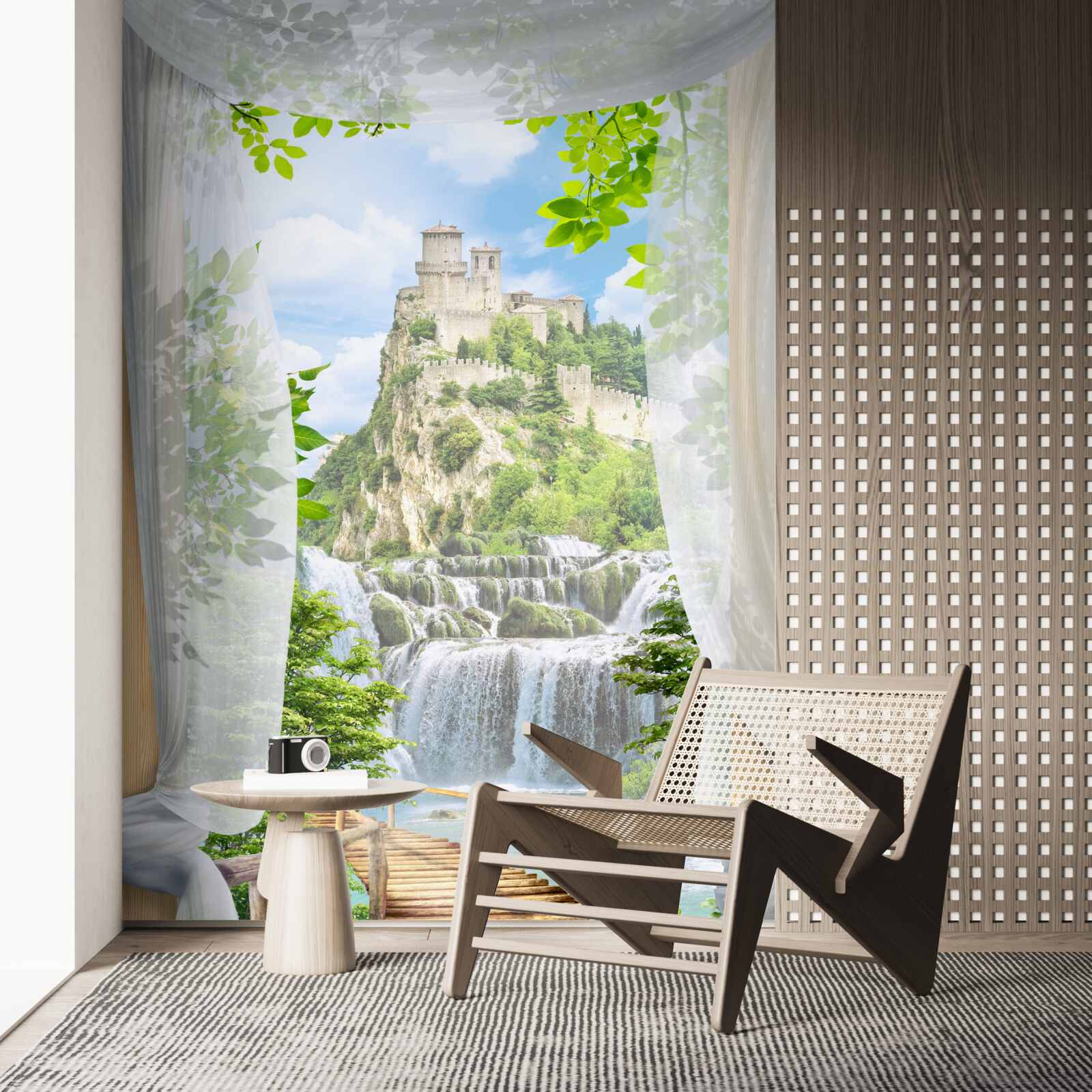 Fototapeten Wasserfall und Festung