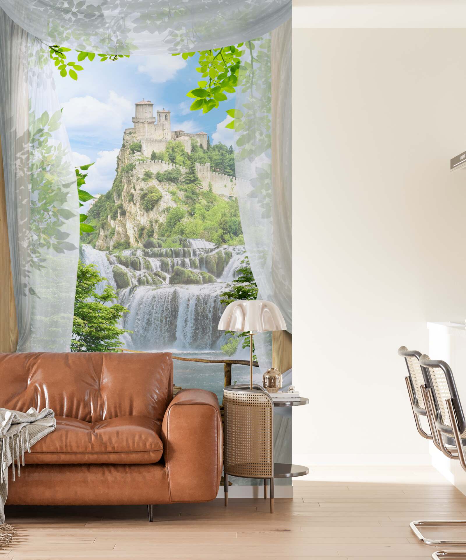 Fototapeten Wasserfall und Festung