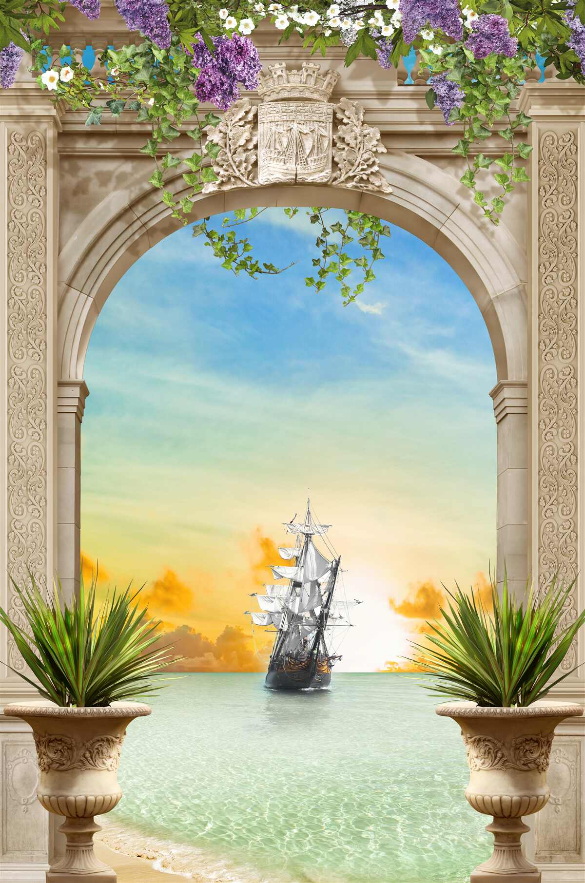 Fototapeten Eine Bogen -Meereslandschaft mit einem fließenden Schiff