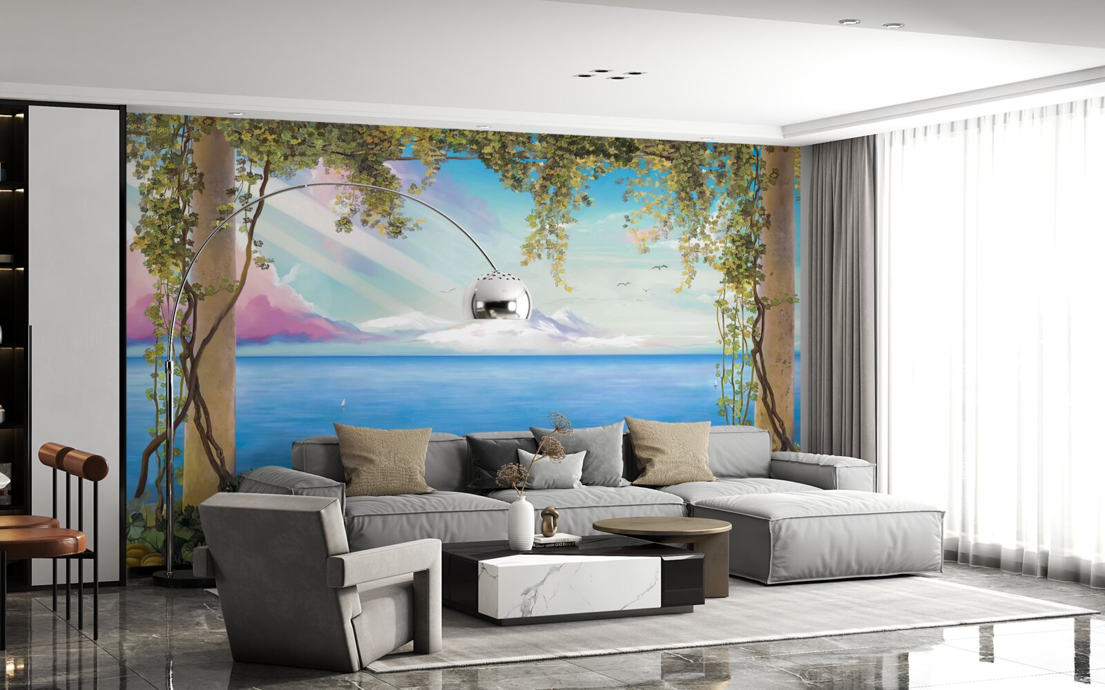 Fototapeten Landschaft mit dem Meer und entfernten Bergen