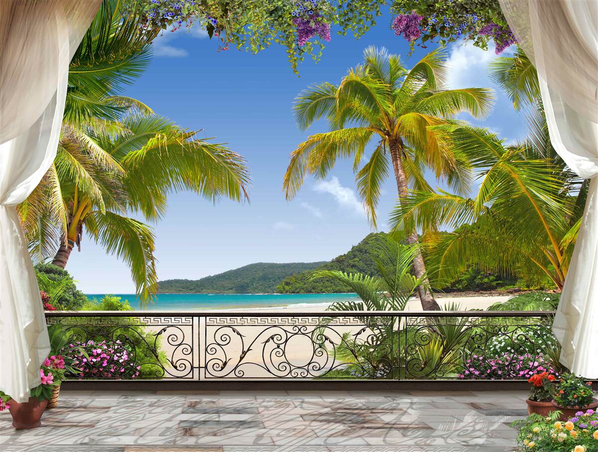 Fototapeten Landschaft mit Palmen am Strand