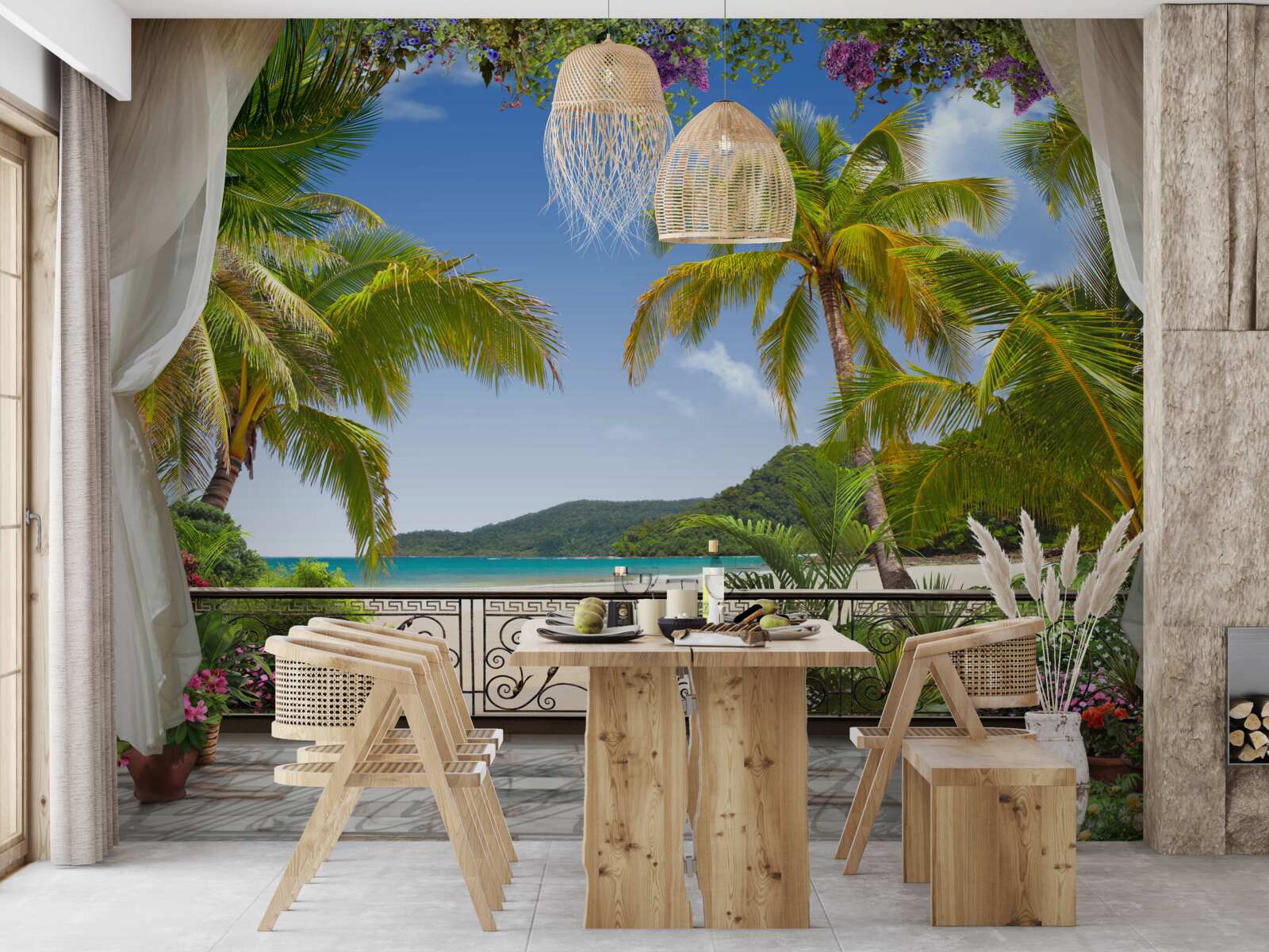 Fototapeten Landschaft mit Palmen am Strand