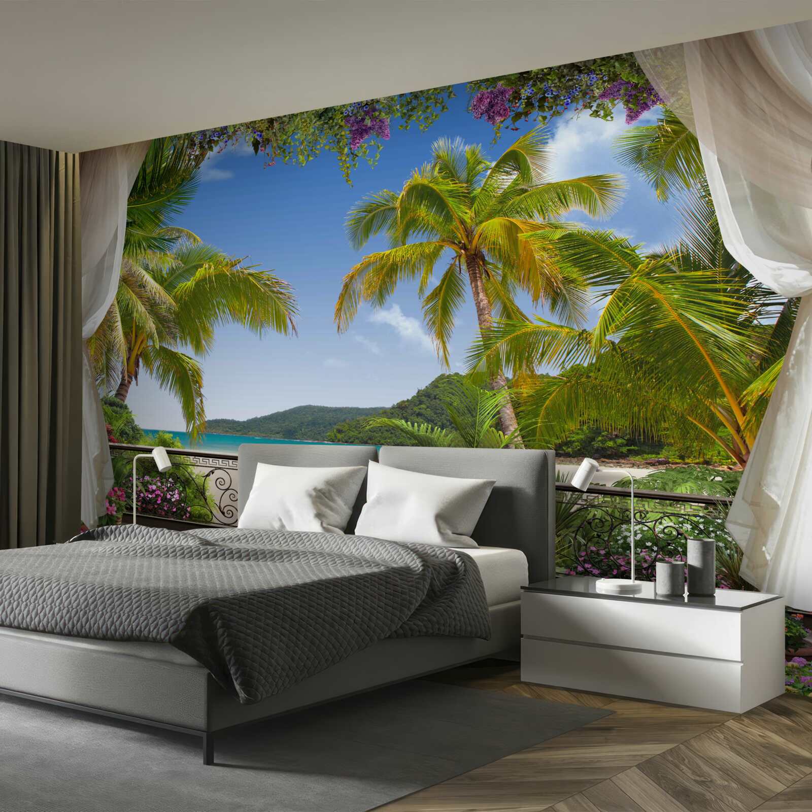 Fototapeten Landschaft mit Palmen am Strand