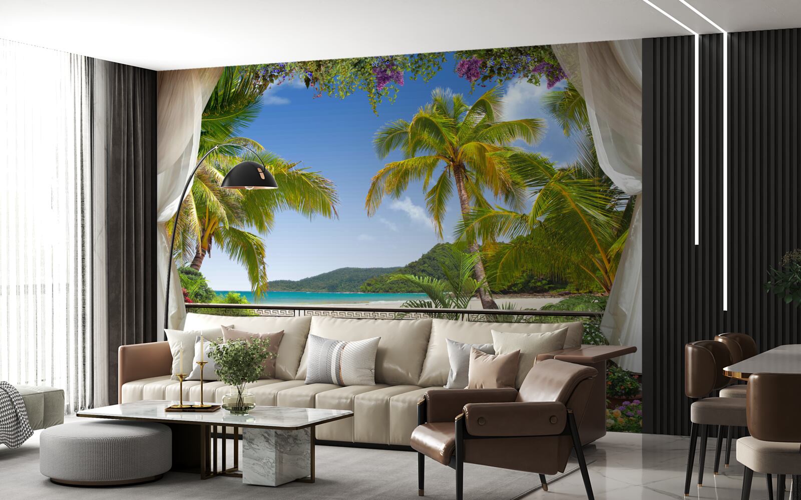 Fototapeten Landschaft mit Palmen am Strand
