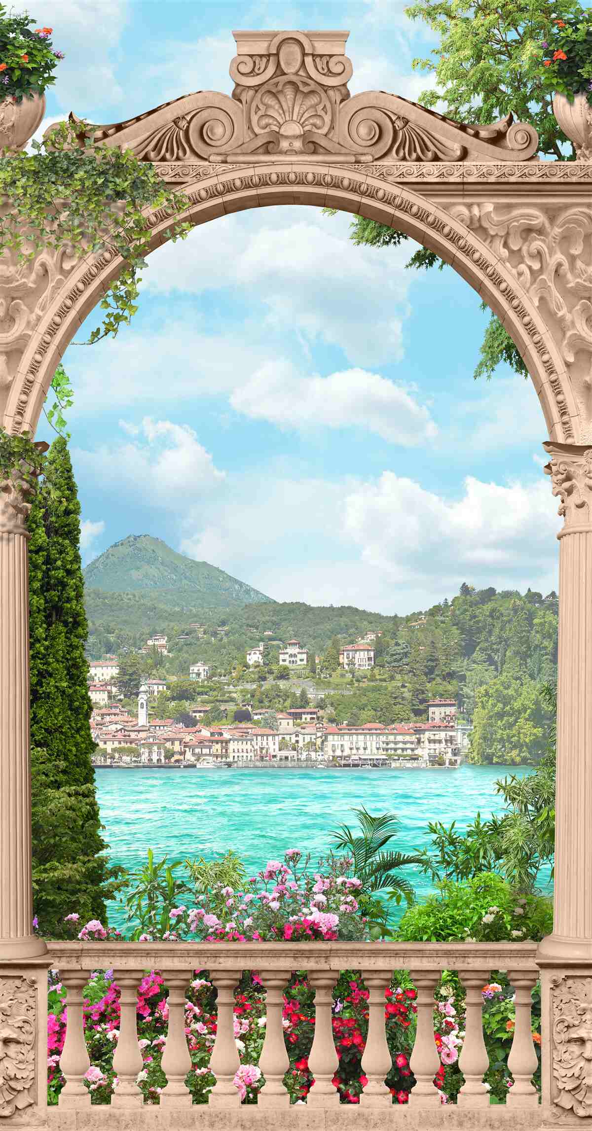 Fototapeten Loggia mit gewölbten Türen und einer schönen Landschaft