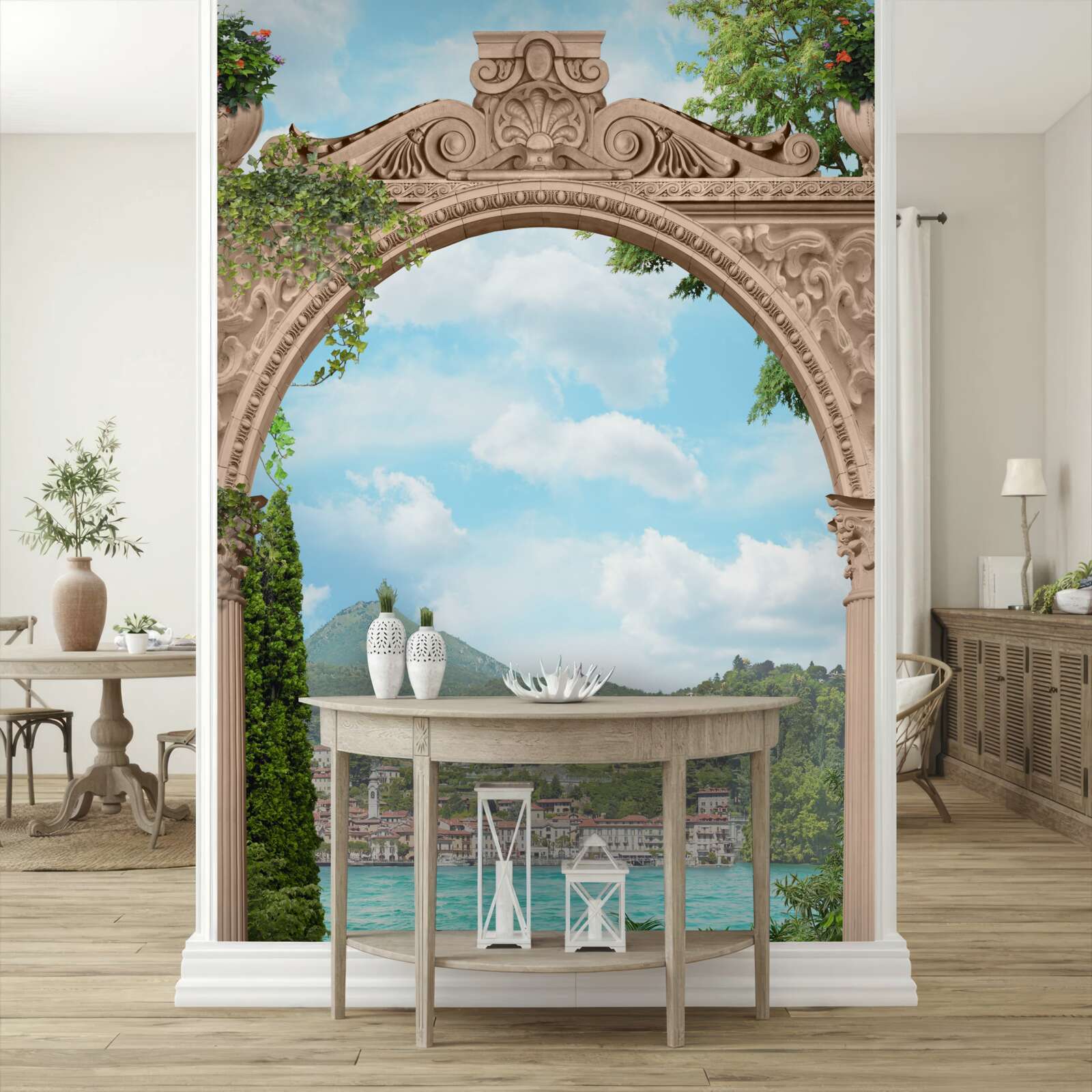 Fototapeten Loggia mit gewölbten Türen und einer schönen Landschaft