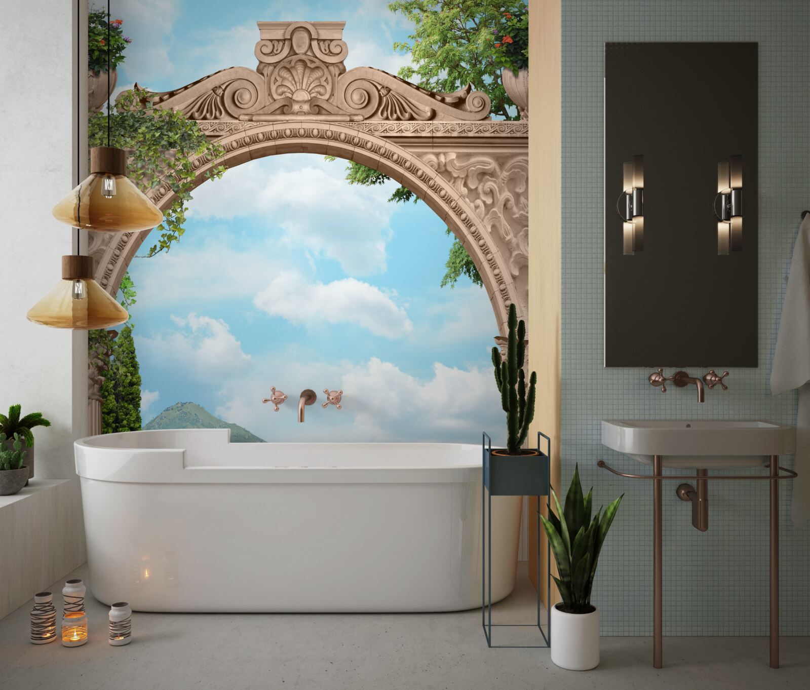Fototapeten Loggia mit gewölbten Türen und einer schönen Landschaft